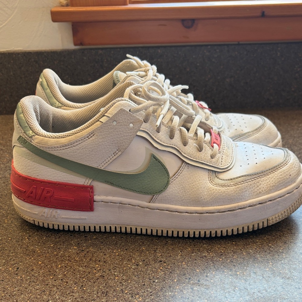 Nike Air Force 1 White and Mint Sneakers with pink Accents